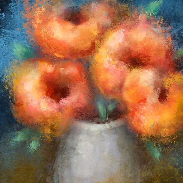 Large still life floral painting, oil style orange flowers in a vase, big digital print, home decor