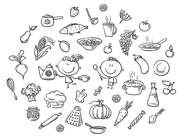 Stick Kids Clipart Cooking Food Set, black and white — Stock Vector