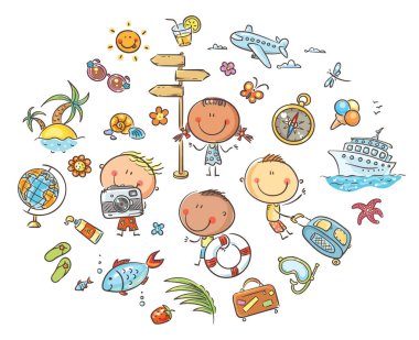 Kids clipart set. Summer and Travelling vector