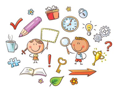 Çubuk figür klip seti. Farklı nesnelerle çizgi film çocukları