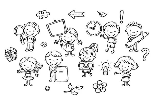 Conjunto de crianças dos desenhos animados segurando diferentes objetos, ilustração esboço — Vetor de Stock