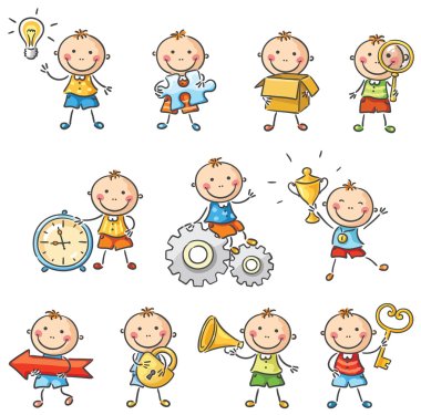 Cartoon little boy with different objects clipart