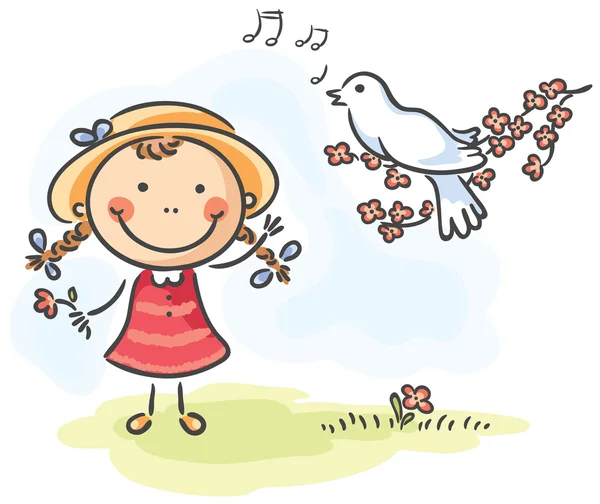 小さな女の子と鳥 — ストックベクタ