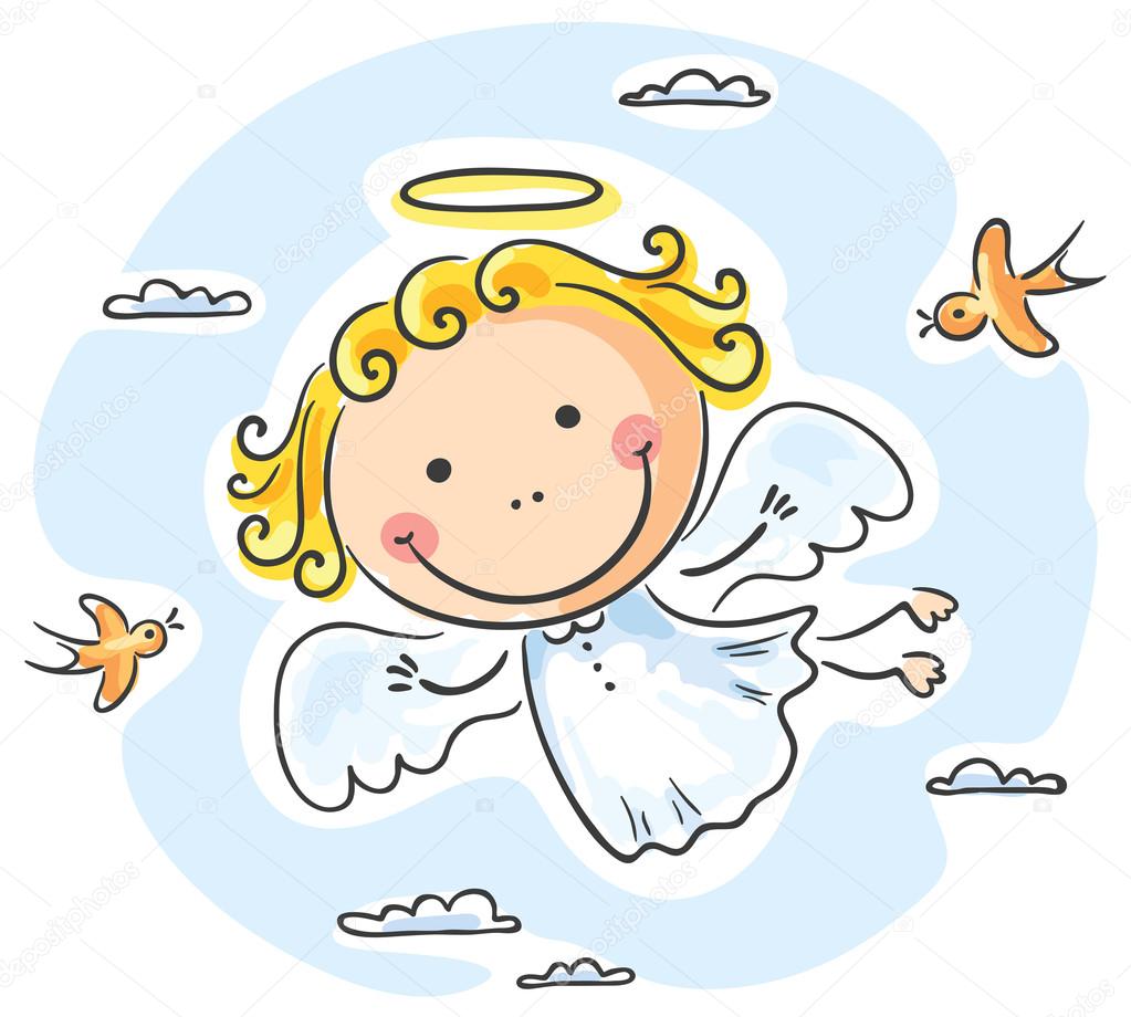 Cute angel flying with birds