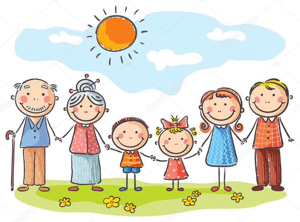 Happy family with two children and grandparents