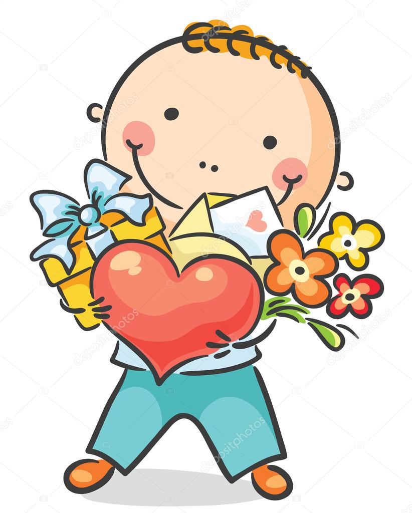 Boy with a heart, flowers and present
