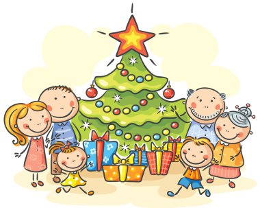 Aile ile Noel ağacı ve hediyeler