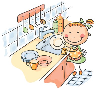 kız annesi bulaşıkları yıkamak için yardım