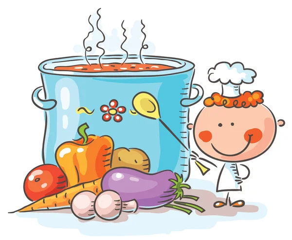 Little chef with a giant boiling pot — Stock Vector