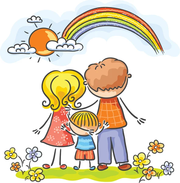 Family from behind looking at the rainbow — Stock Vector