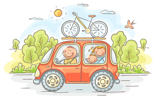 Famille voyageant en voiture à la campagne — Image vectorielle