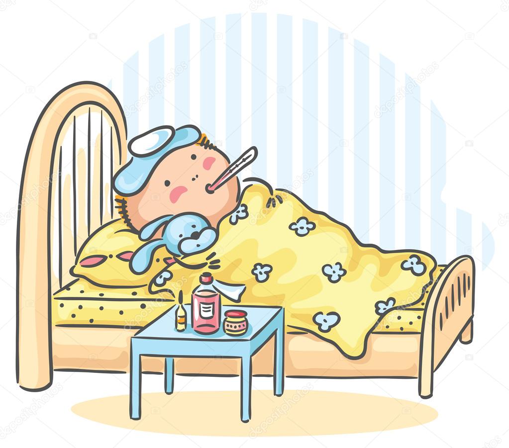 Child has got flu and is lying in bed with a thermometer