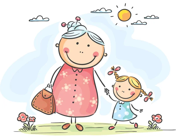 Girl and her granny on a walk — Stock Vector