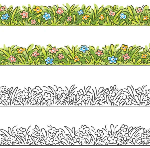 Borda sem costura de grama de desenhos animados e flores . —  Vetores de Stock