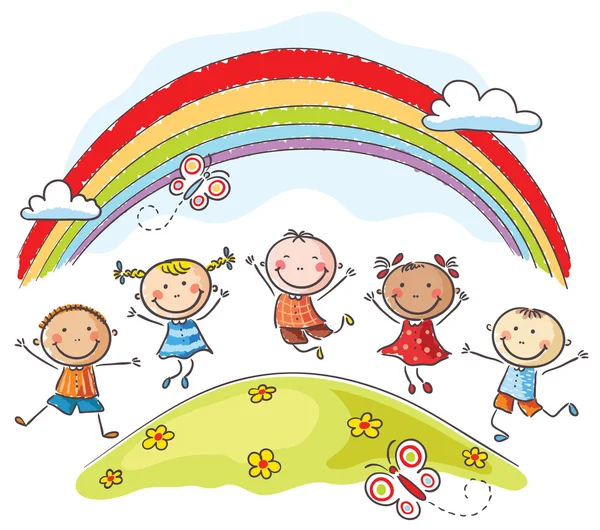 Niños saltando de alegría debajo de un arco iris — Vector de stock