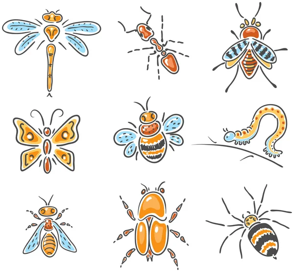 Conjunto de diferentes insectos dibujados a mano — Vector de stock