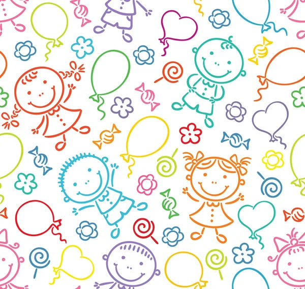 Бесшовный узор с счастливыми детьми, воздушными шарами, сладостями и цветами — стоковый вектор