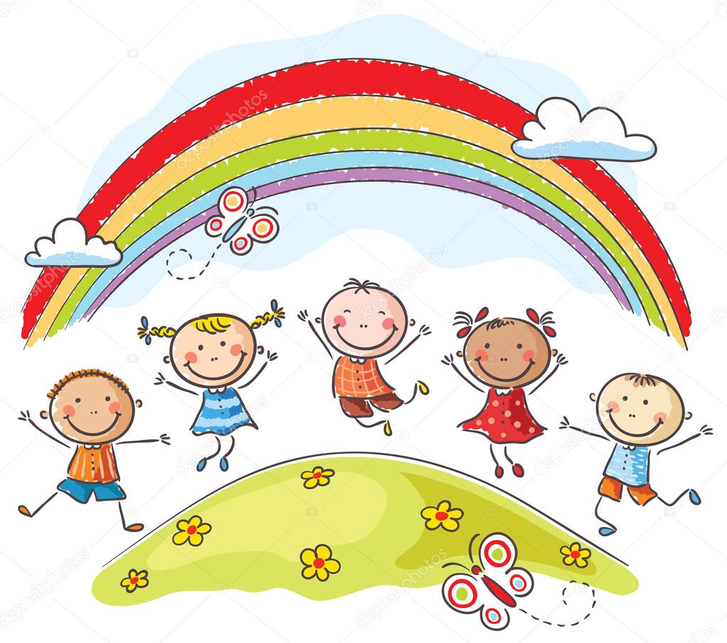Kids jumping with joy underneath a rainbow