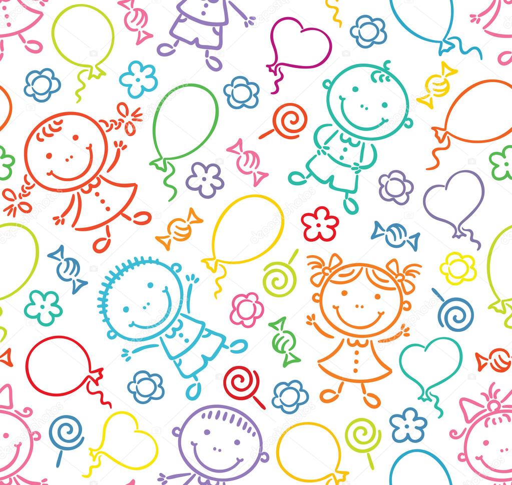 Seamless pattern with happy kids, balloons, sweets and flowers