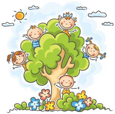Kids playing in the tree clipart