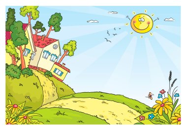 Countryside landscape with hills and houses clipart