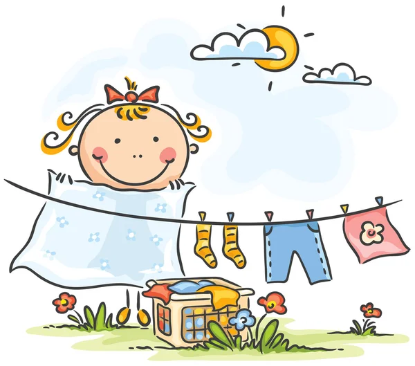 帮助她的妈妈用洗衣机洗衣服的小女孩 — 图库矢量图片