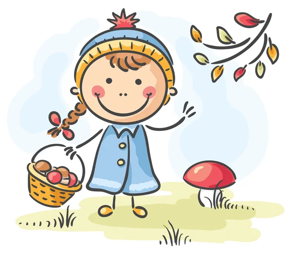 Girl gathering mushrooms in the forest on an autumn day — Stock Vector