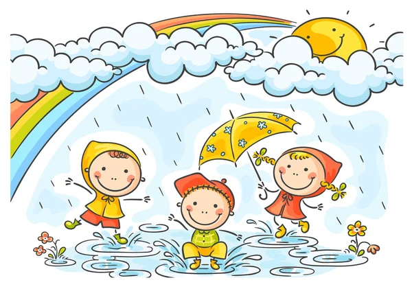 Niños jugando bajo la lluvia — Vector de stock