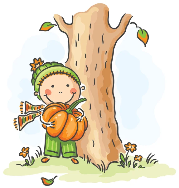 Child with a pumpkin on an autumn day — Stock Vector