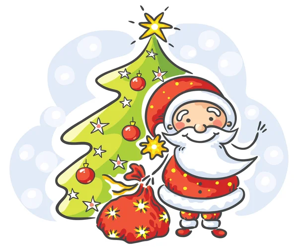 Санта з подарунками і новорічна ялинка — стоковий вектор