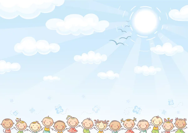 Fondo con cielo y muchos niños — Vector de stock