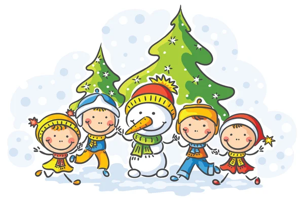 Snowman and kids on a winter day — Stock Vector