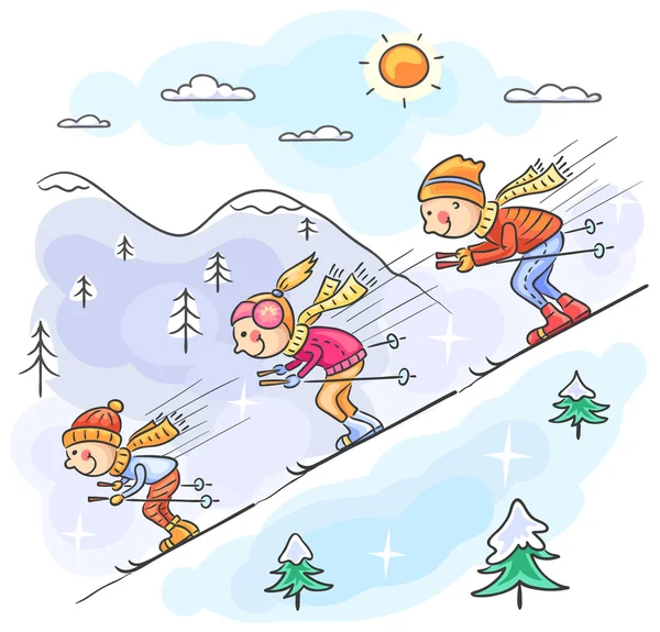 Family skiing in the mountains together — Stock Vector