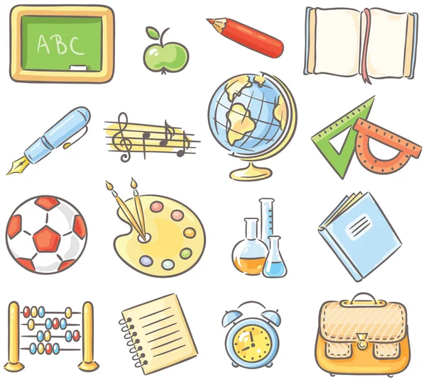 Set di 16 cose scolastiche che rappresentano diverse materie — Vettoriale Stock