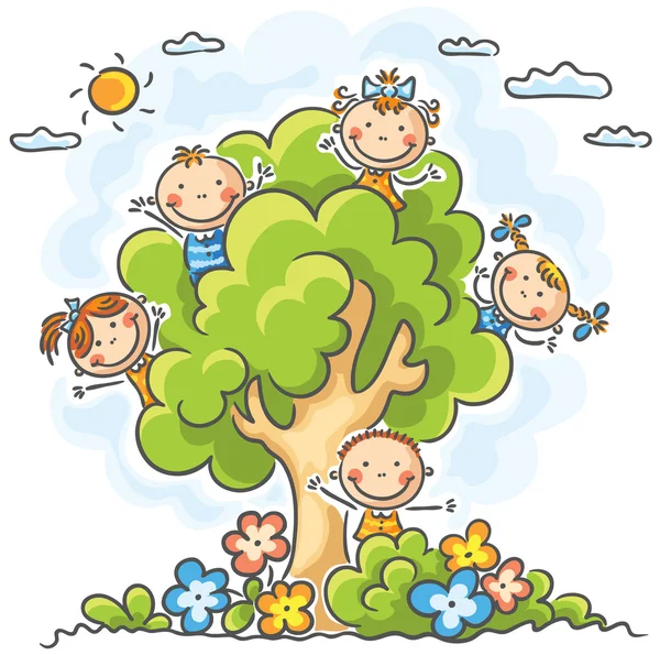 Niños jugando en el árbol — Vector de stock