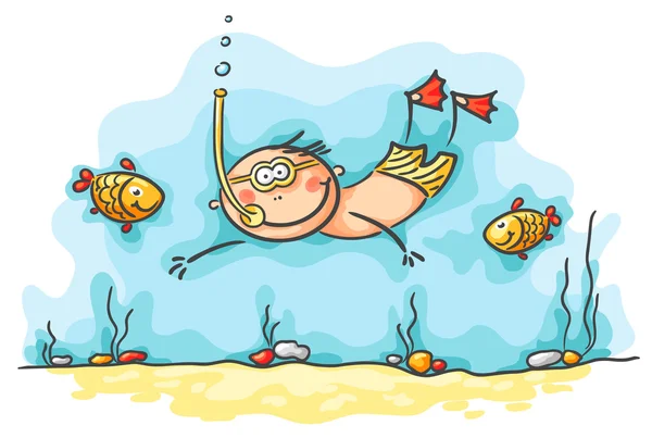 Šťastný potápěč, plavání pod vodou s rybami — Stockový vektor