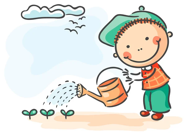 Children spring activities boy watering sprouts — Stock Vector