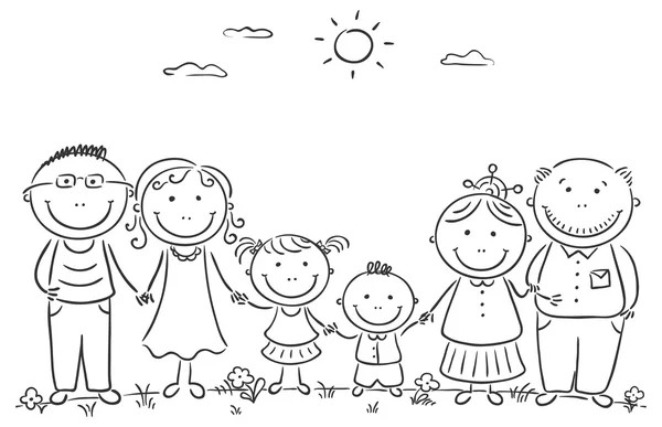 Happy cartoon famile with two children and grandparents — Stock Vector