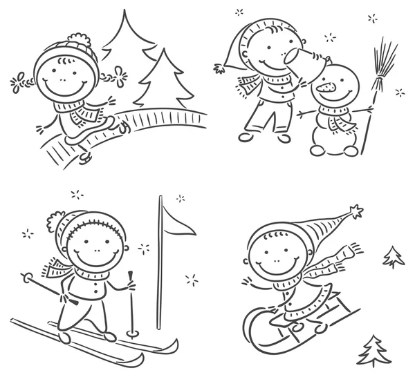 Niños invierno actividades al aire libre — Vector de stock