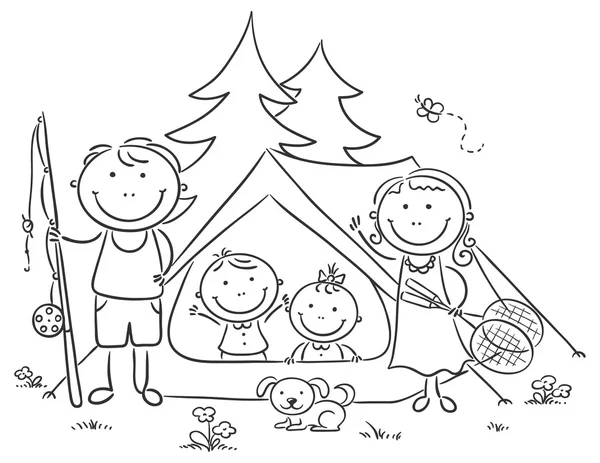 Family camping in the woods — Stock Vector