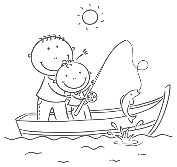 Padre e hijo en el barco, pescando — Vector de stock