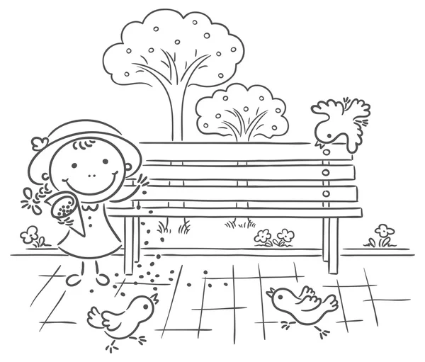 Chica alimentando gorriones en el parque — Vector de stock
