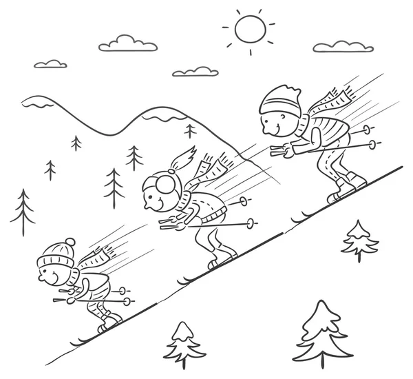 Семейные лыжи в горах вместе — стоковый вектор