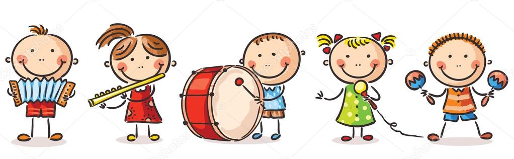 Children playing different musical instruments