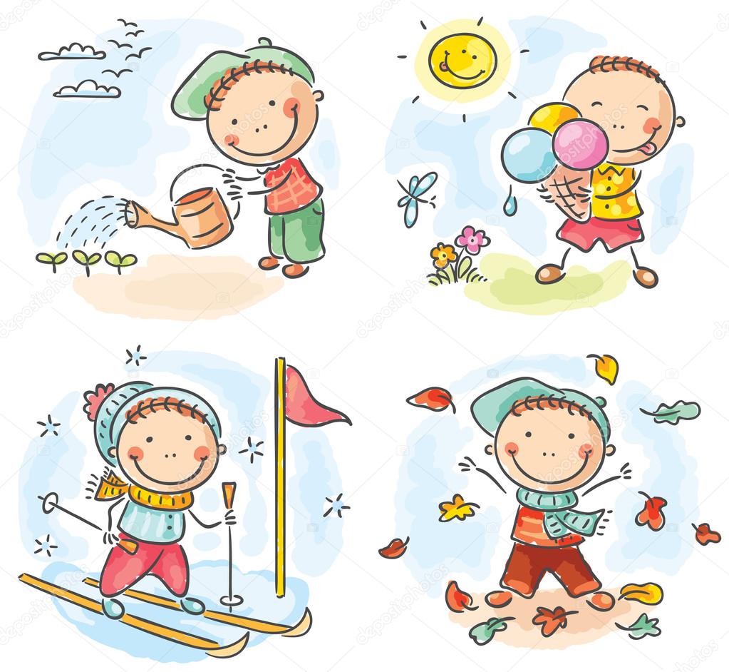 Boy's activities during the four seasons