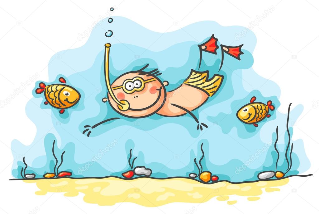 Happy diver swimming underwater with fishes