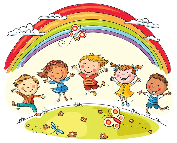 Niños saltando con alegría bajo el arco iris — Vector de stock