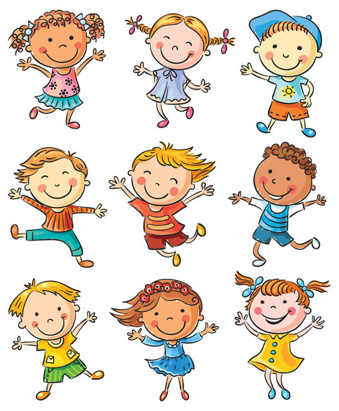 Девять счастливых детей танцуют или веселятся
