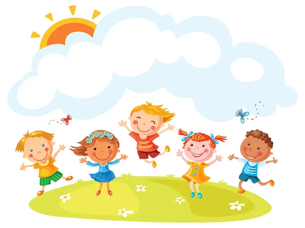 Feliz dibujos animados niños saltando — Vector de stock