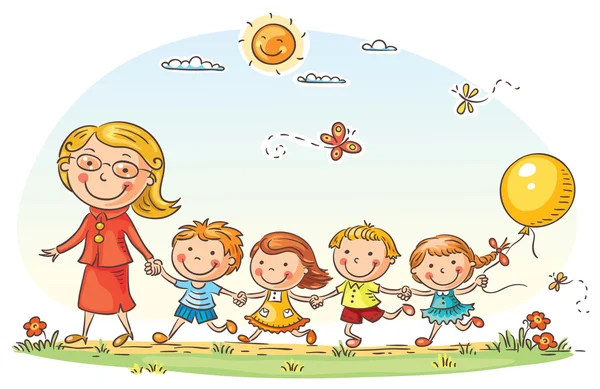 Cartoon Kids and their Teacher Outdoors — Stock Vector